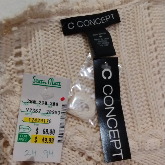 Long, V-Neck, Cable Knit Off White Pullover Sweater MEDIUM 100% Cotton - Picture 5 of 5